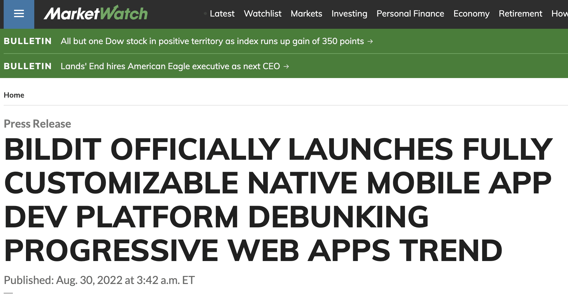 MarketWatch: BILDIT OFFICIALLY LAUNCHES FULLY CUSTOMIZABLE NATIVE MOBILE APP DEV PLATFORM DEBUNKING PROGRESSIVE WEB APPS TREN
