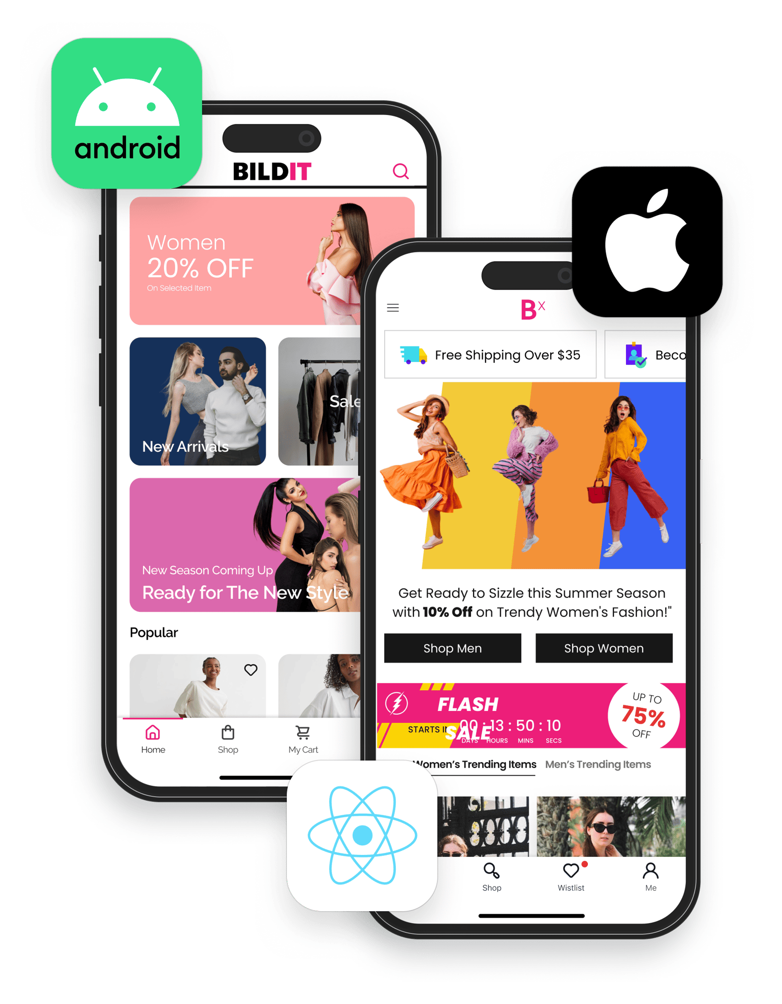 The image displays two smartphones side by side, one with an Android logo and the other with an Apple logo, each screen showing a different layout of the same e-commerce app named BILDIT. The Android phone on the left displays a pink-themed promotion for 