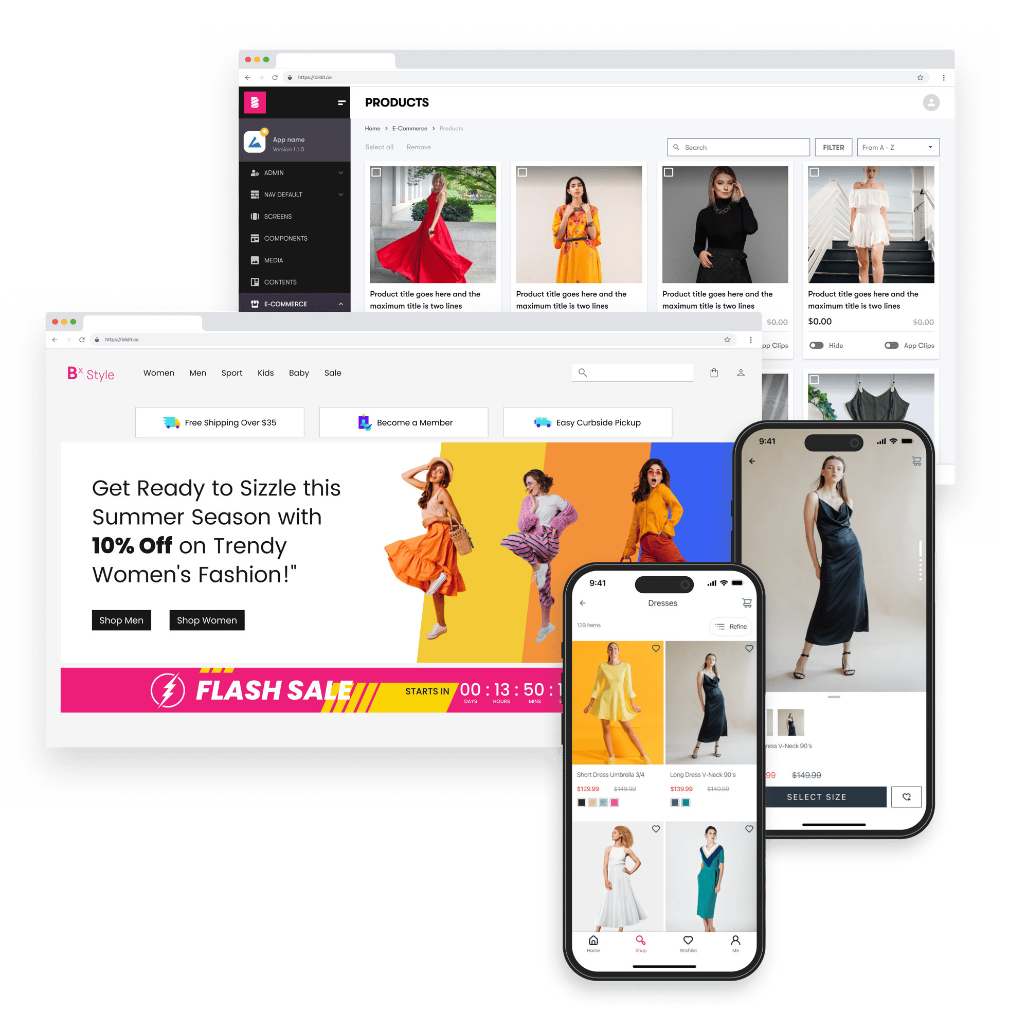This image depicts a collage of multiple screenshots showcasing a fashion e-commerce platform. The upper left corner shows a desktop app interface with a menu bar on the left, displaying categories such as 'Home', 'Screens', 'Components', and highlighted 'E-commerce'. The main part of this screen shows a product management page with listings for women's dresses, with titles and prices. The lower left part shows a website's promotional section, with a banner that reads 