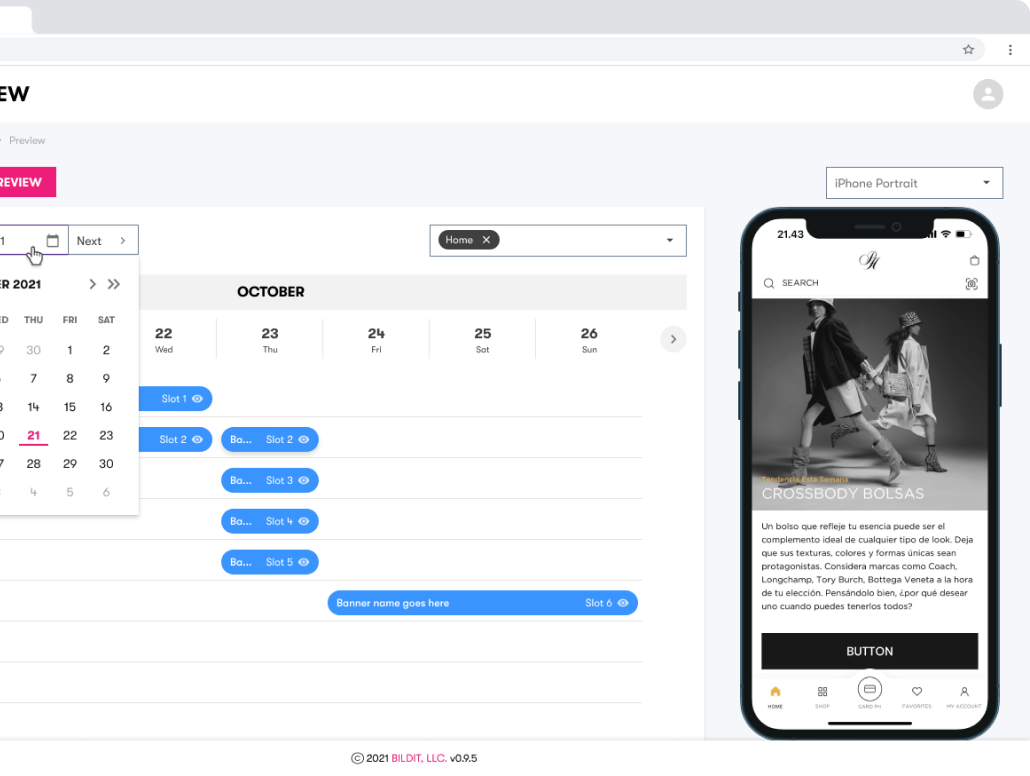 The image depicts a content management system for scheduling and previewing website banners, with an interface showing a calendar set to October and slots for different banners. On the right, there is a smartphone displaying a black and white advertisement for 