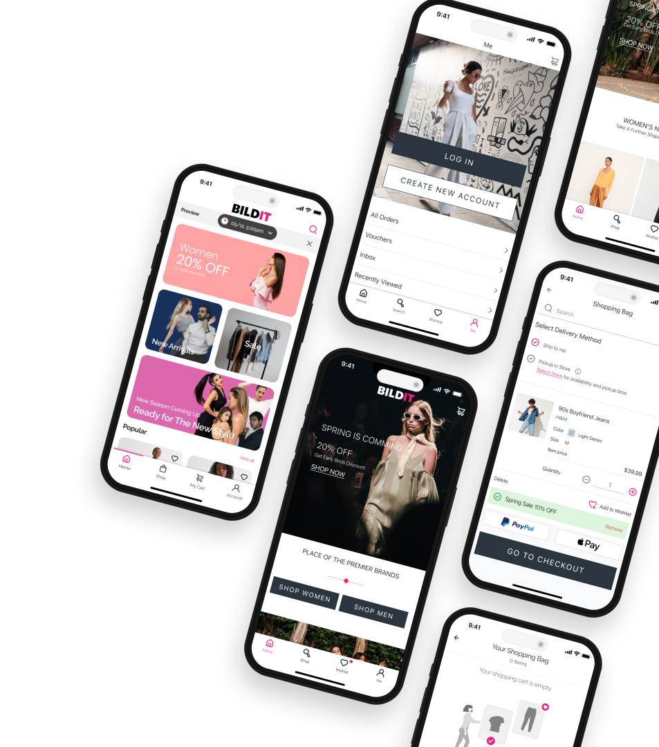 The image is a compilation of five smartphones against a black background, each displaying different screens of the BILDIT shopping app. The app features a variety of interfaces, including a homepage with a 