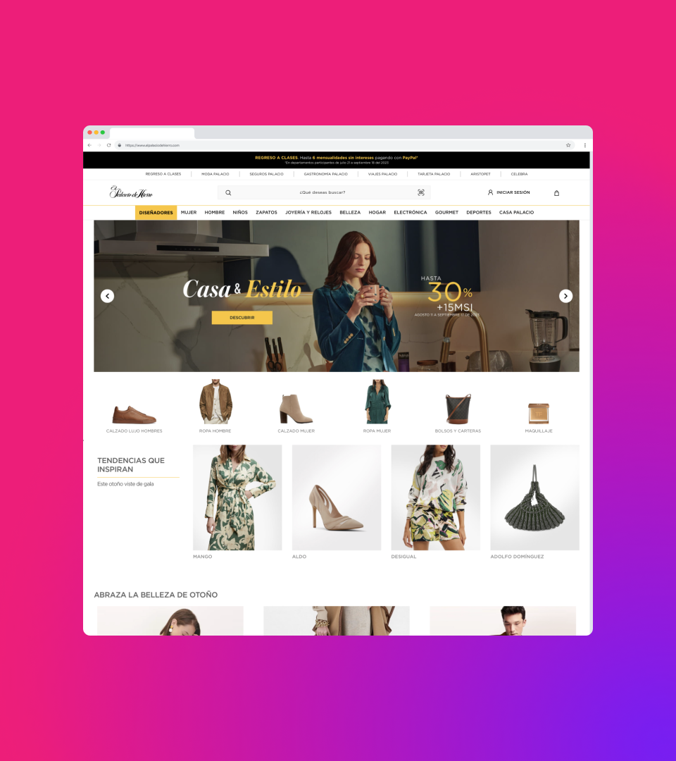 The image depicts a screenshot of an e-commerce website interface, showcasing a variety of fashion products. The main banner features a woman holding a coffee cup with the text 