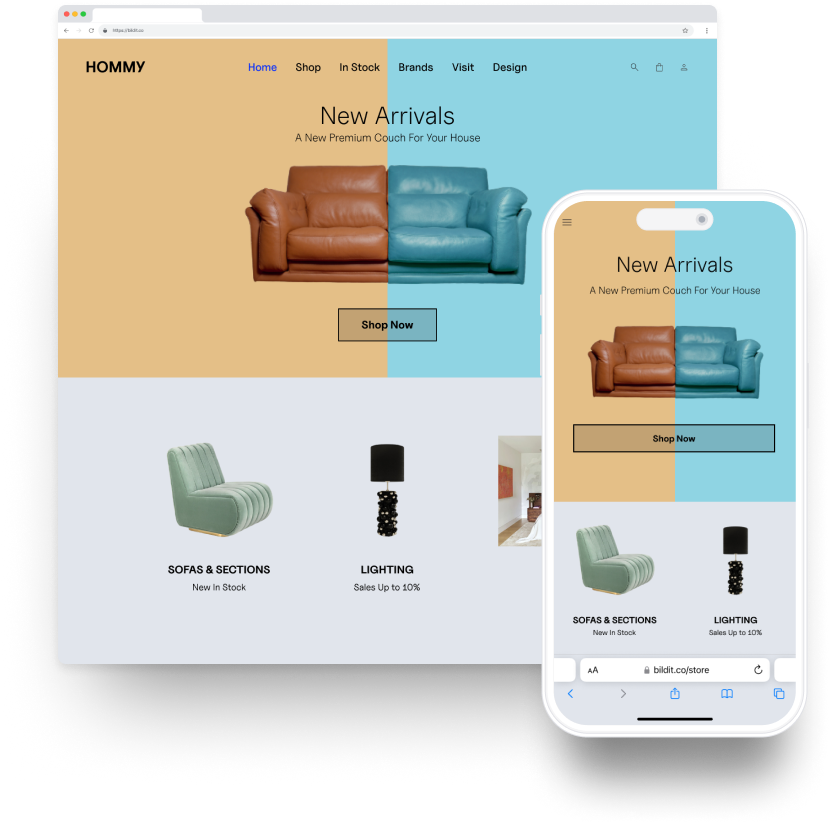 The image shows a computer and a smartphone displaying a furniture store website with a cohesive design. The desktop view highlights a section called 'New Arrivals' with images of a brown and a blue couch and a 'Shop Now' button, while the mobile view mirrors this layout. Below on the desktop view, there are images and links to 'SOFAS & SECTIONS' and 'LIGHTING', suggesting additional product categories available on the website.