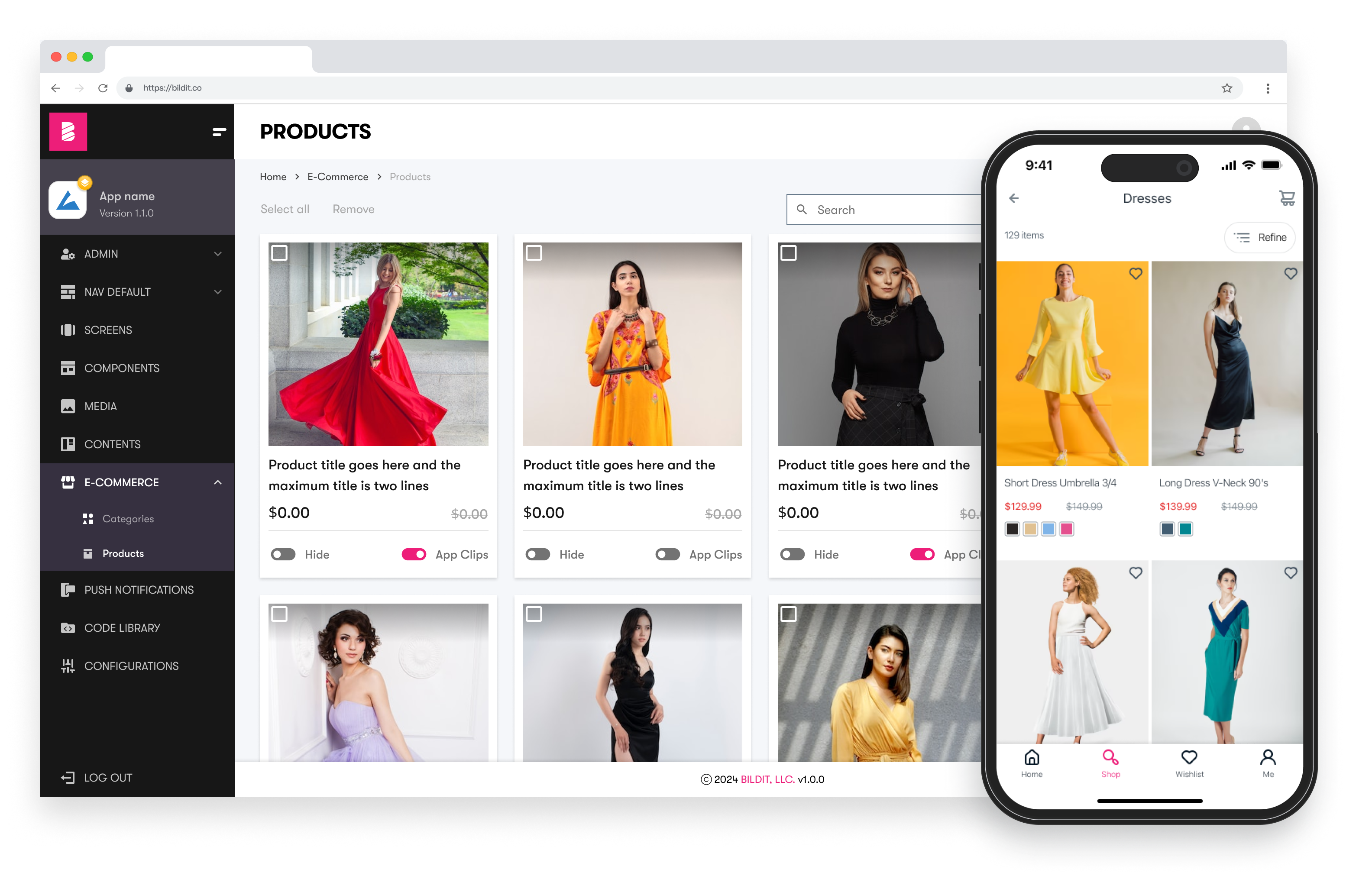 This image shows a computer screen and a smartphone screen displaying an e-commerce platform for women's dresses. On the computer, there's an administrative interface with a sidebar menu and a main area featuring images of dresses with placeholder text for product titles and prices. The smartphone displays a shopping app with a list of dresses, showing images, names, and prices, and navigation tabs at the bottom.