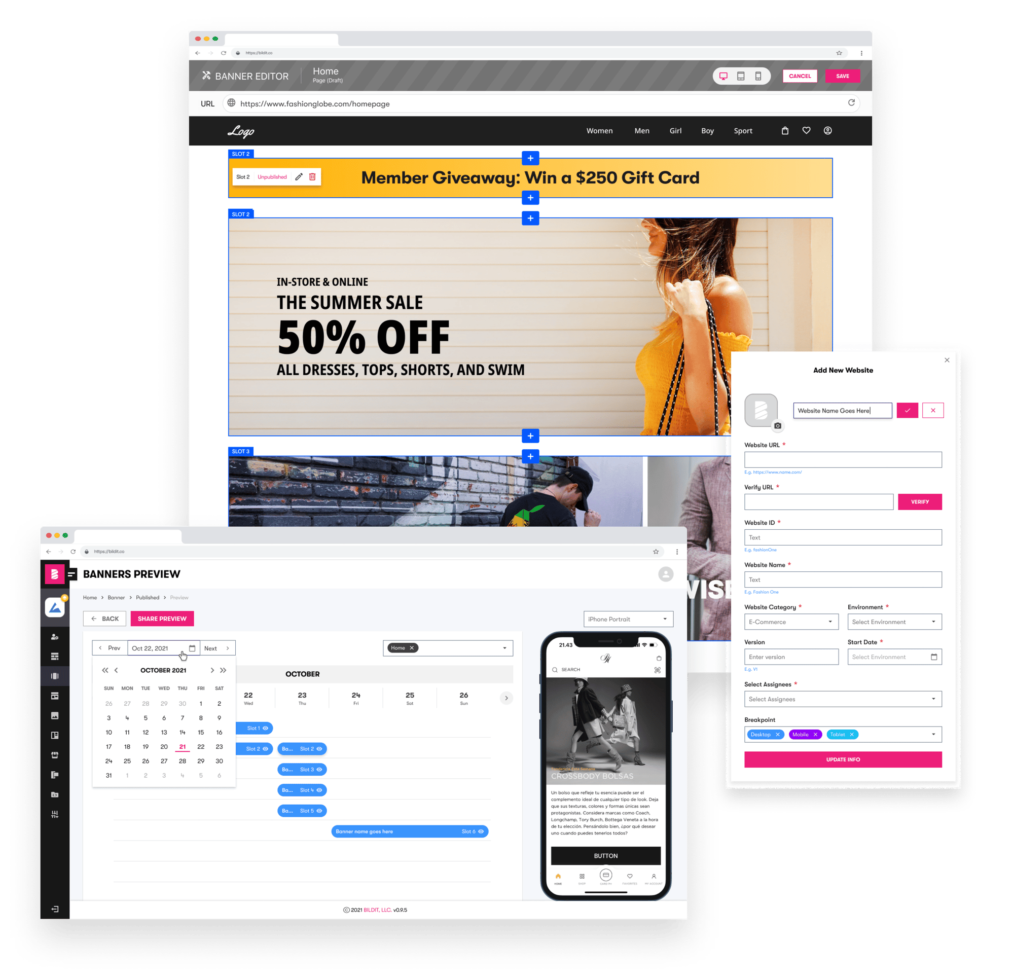 The image shows a digital workspace with a computer monitor, a tablet, and a smartphone, all displaying different parts of a web content management system. The computer screen shows a banner editor with a summer sale advertisement, while the tablet displays a calendar interface labeled 