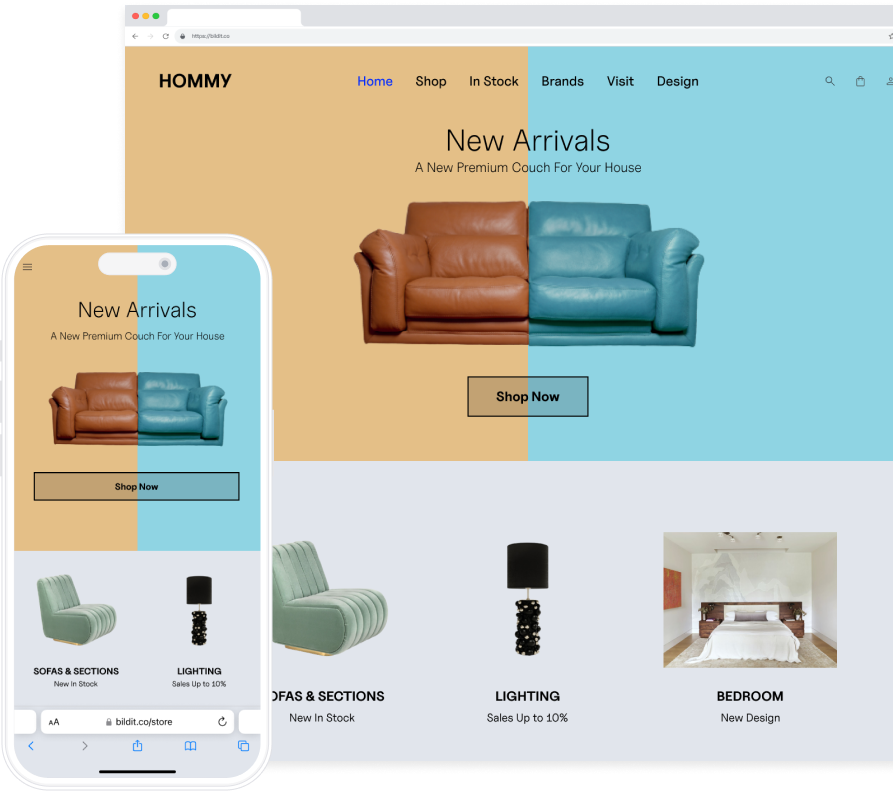 The image shows a web design layout being displayed on a desktop and a mobile device for an online furniture store named 