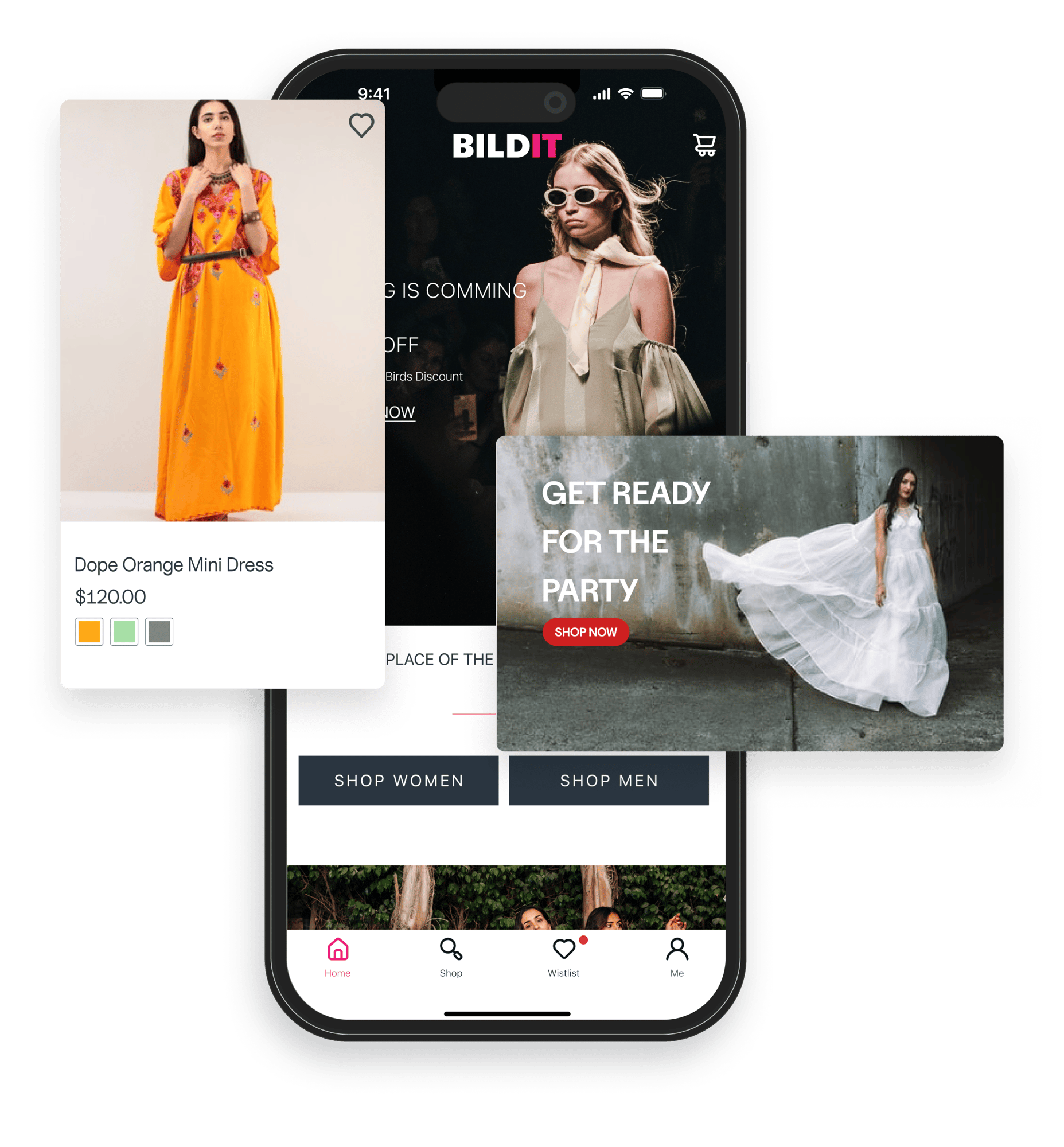This image shows two smartphones displaying different parts of a fashion e-commerce application. The left phone displays a product detail page for a 'Dope Orange Mini Dress' priced at $120.00, with options to select color and size. The right phone shows a promotional banner with the text 