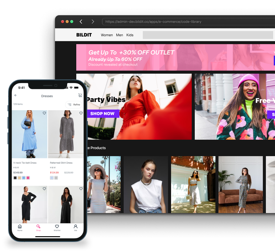 The image shows a montage of a fashion retail website and mobile app interface. On the left, a smartphone screen displays a selection of dresses with images, descriptions, and prices. On the right, a desktop website interface highlights promotional banners with phrases like 