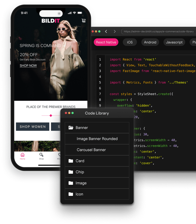 The image features a smartphone and a computer screen. The smartphone displays a fashion app with a header for 'BILDIT', a promotional image with a model, and navigation tabs at the bottom. The computer screen shows a code editor with React Native code, including import statements and a stylesheet for a mobile application interface, suggesting a development environment for building a mobile app.