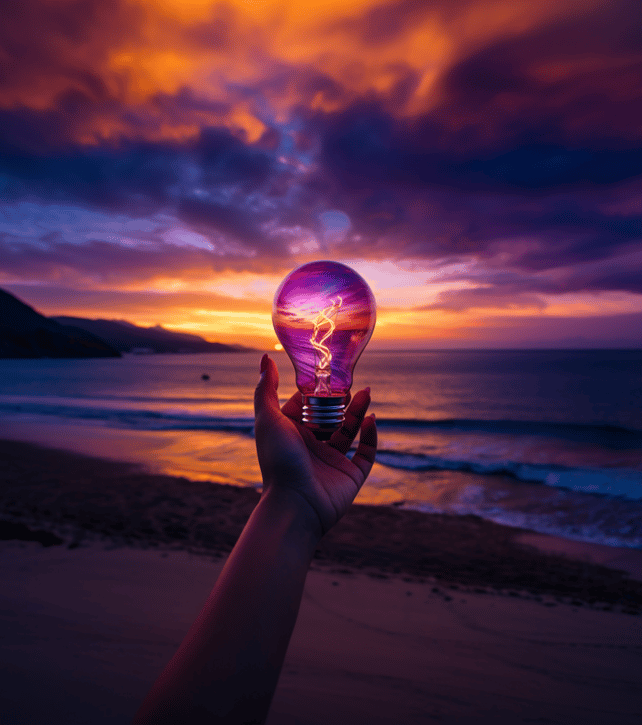 The image depicts a hand holding a light bulb against a vibrant sunset over a beach. The light bulb appears to be capturing the sunset within it, creating an illusion that it is lit up by the colors of the sky. The background features a dramatic sky with hues of purple, orange, and blue, as well as the silhouettes of distant mountains and the ocean.