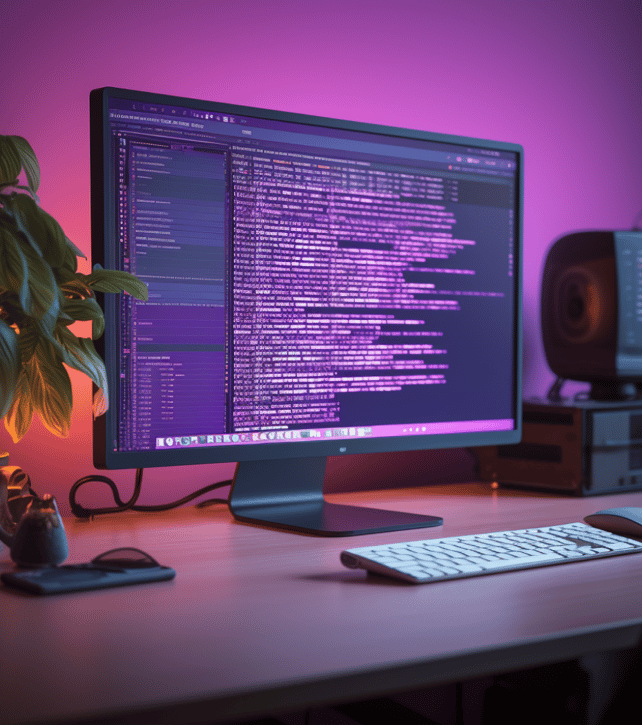 The image features a desktop workspace illuminated by a purple hue, with a focus on a monitor displaying lines of code. In front of the monitor, there's a white keyboard and a computer mouse on a desk. To the left of the setup, a potted plant adds a touch of greenery, and in the background, a speaker and other desk items are subtly visible.