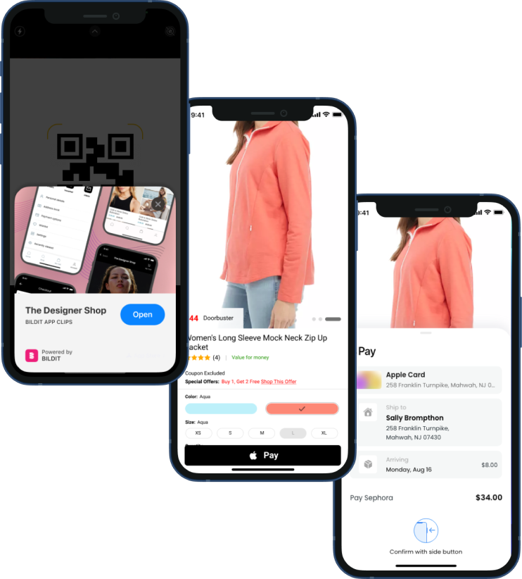 The image presents a smartphone displaying an e-commerce shopping application with a product page for a women's long sleeve mock neck zip-up jacket in aqua color. Another phone screen shows the checkout process with Apple Pay for the said jacket, displaying the payment amount, shipping address, and a prompt to confirm the payment with the side button.