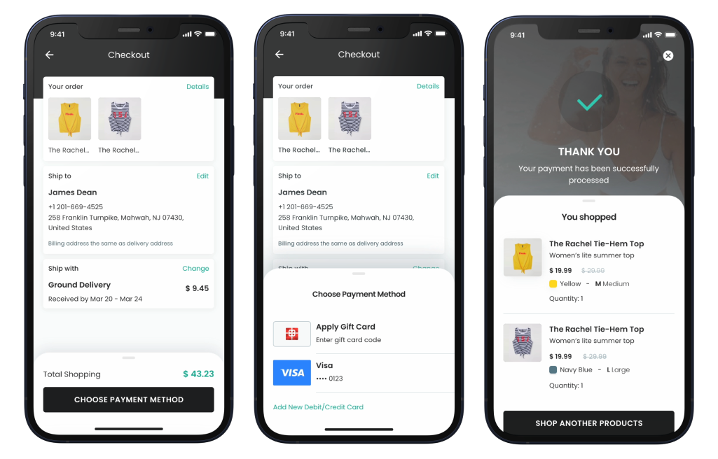 The image depicts a sequence of three smartphone screens displaying the online checkout process for an e-commerce store. The first screen shows an order summary with an option to choose a payment method, the second presents payment options including a gift card and a Visa card, and the third screen confirms successful payment with an invitation to shop for more products.