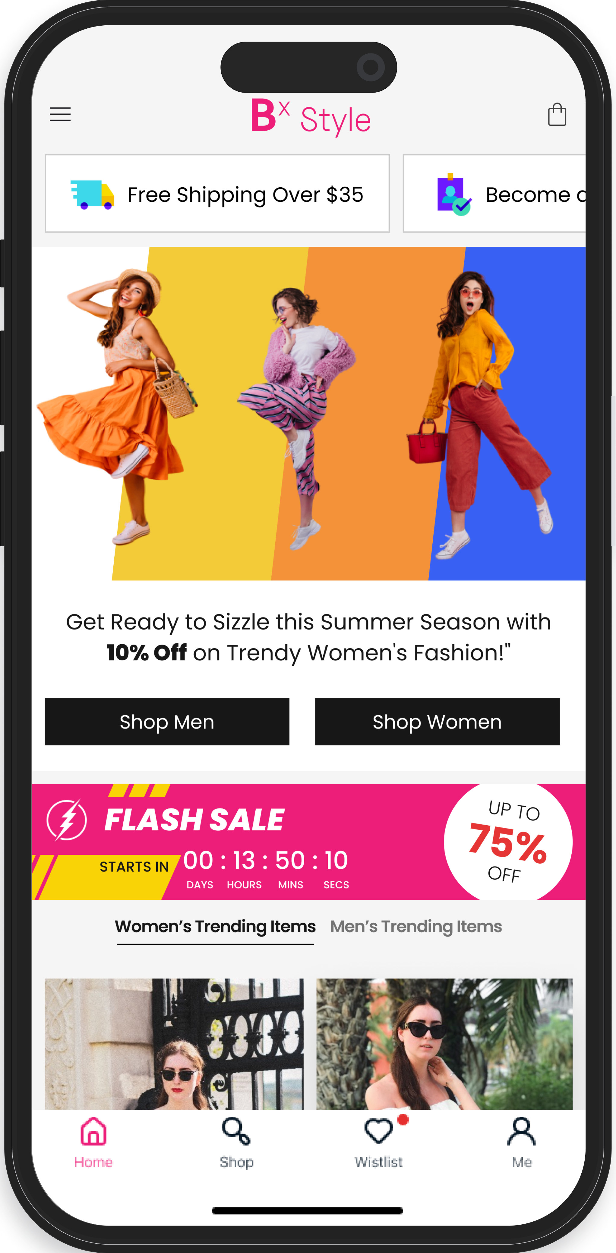 The image shows a smartphone screen displaying a mobile e-commerce fashion application. The top of the screen has a promotional banner with 