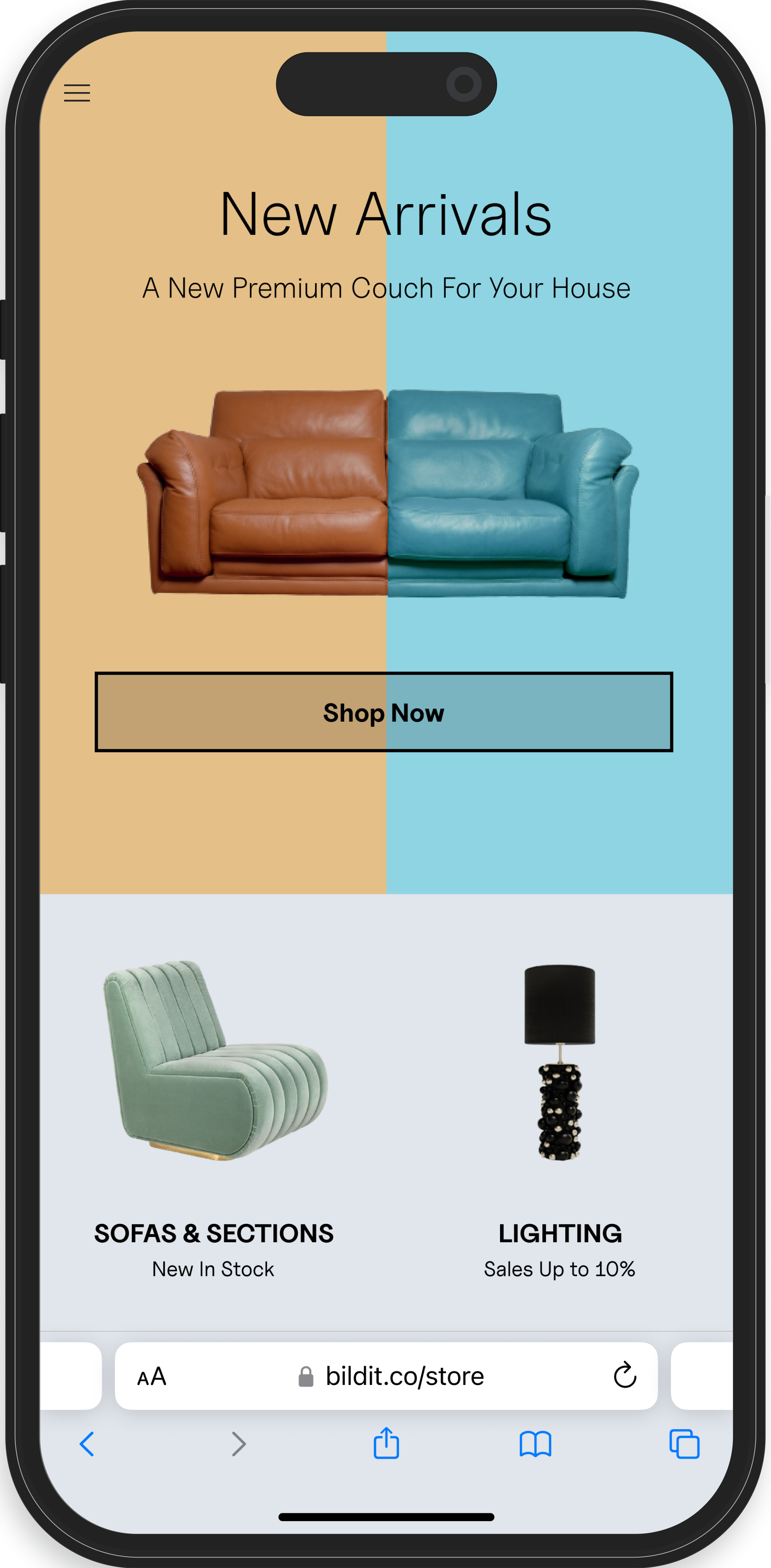 The image shows a smartphone screen with an online furniture store interface. The upper section displays a banner for 'New Arrivals', featuring a side-by-side image of a brown and a blue couch with a 'Shop Now' button below. The lower section highlights categories 'SOFAS & SECTIONS' and 'LIGHTING' with images of a green armchair and a black lamp, respectively, and notes on current stock and sales.