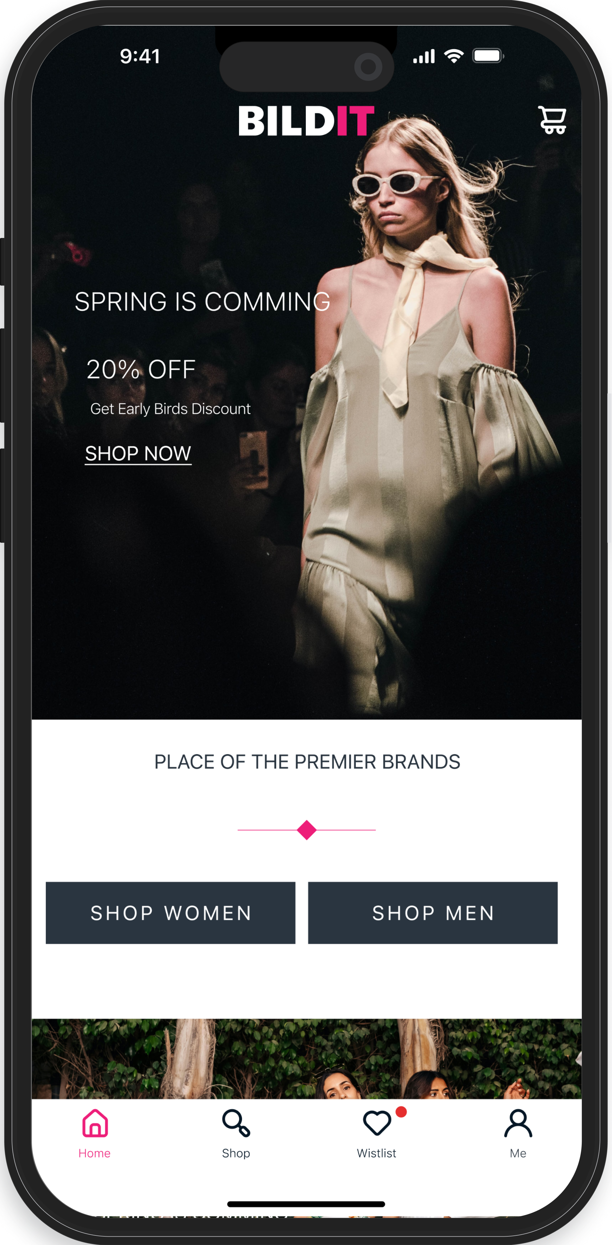 The image displays a smartphone screen promoting a fashion sale. At the top is a header with the brand name 'BILDIT', followed by a fashion model on a runway and text announcing 'SPRING IS COMING 20% OFF'. Below the promotional message, there are two buttons 'SHOP WOMEN' and 'SHOP MEN', with a navigation bar at the bottom featuring home, shop, wishlist, and profile icons.