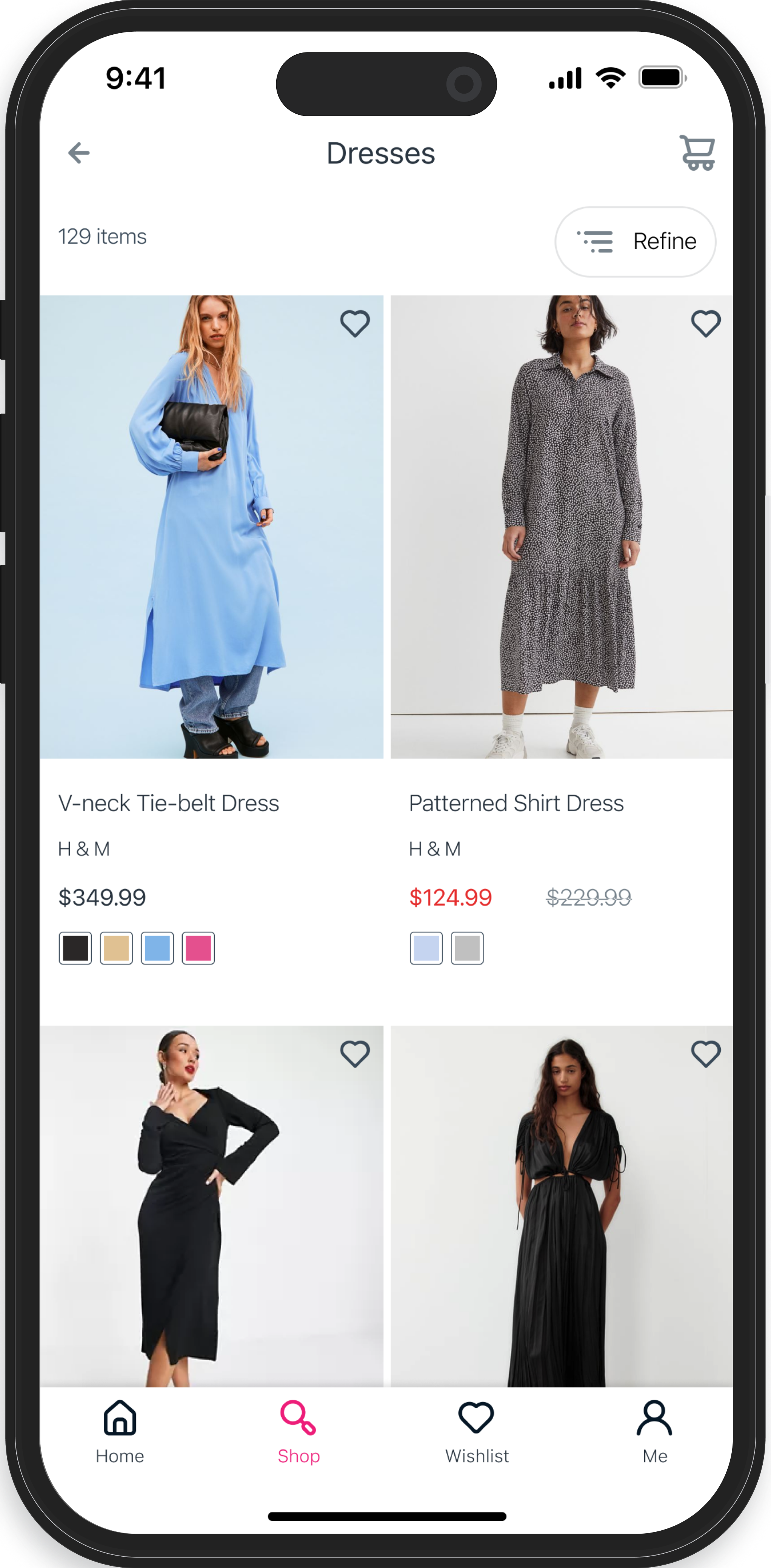 The image displays a mobile phone interface from an online fashion retailer's dresses section. It features four dresses with their images, names, and prices; two are visible: a 'V-neck Tie-belt Dress' and a 'Patterned Shirt Dress', both from H&M, with color options below. The screen also includes a navigation bar with icons for home, shop, wishlist, and user profile at the bottom.