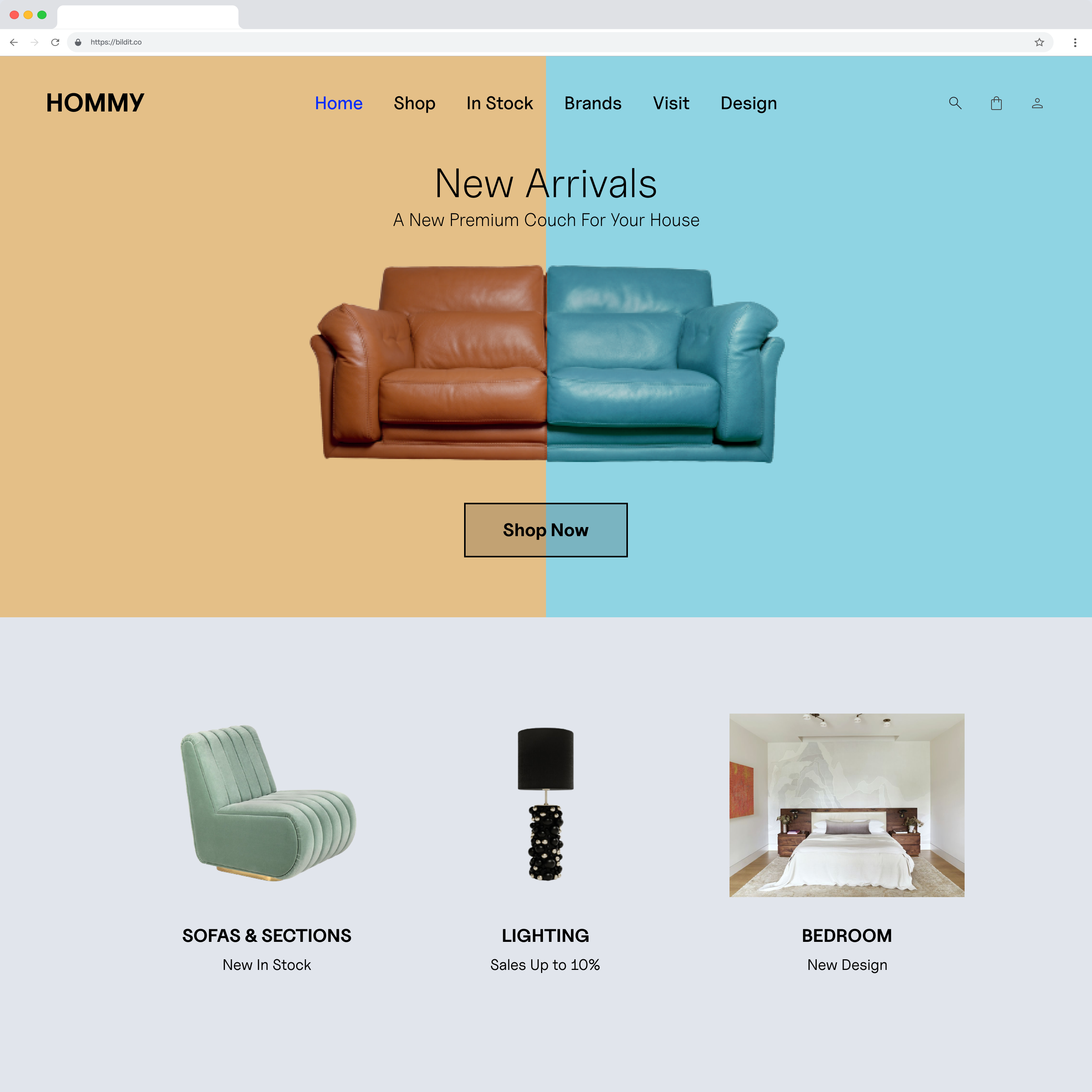The image features a webpage for 'HOMMY', a home furnishings store, showcasing 'New Arrivals' with a central banner of side-by-side images of a brown and a blue couch against a two-tone background. Below the banner are three images: a green armchair labeled 'SOFAS & SECTIONS', a black lamp labeled 'LIGHTING', and a bedroom setup labeled 'BEDROOM'. Navigation links such as Home, Shop, In Stock, Brands, Visit, and Design are at the top, with a search bar and user account options.