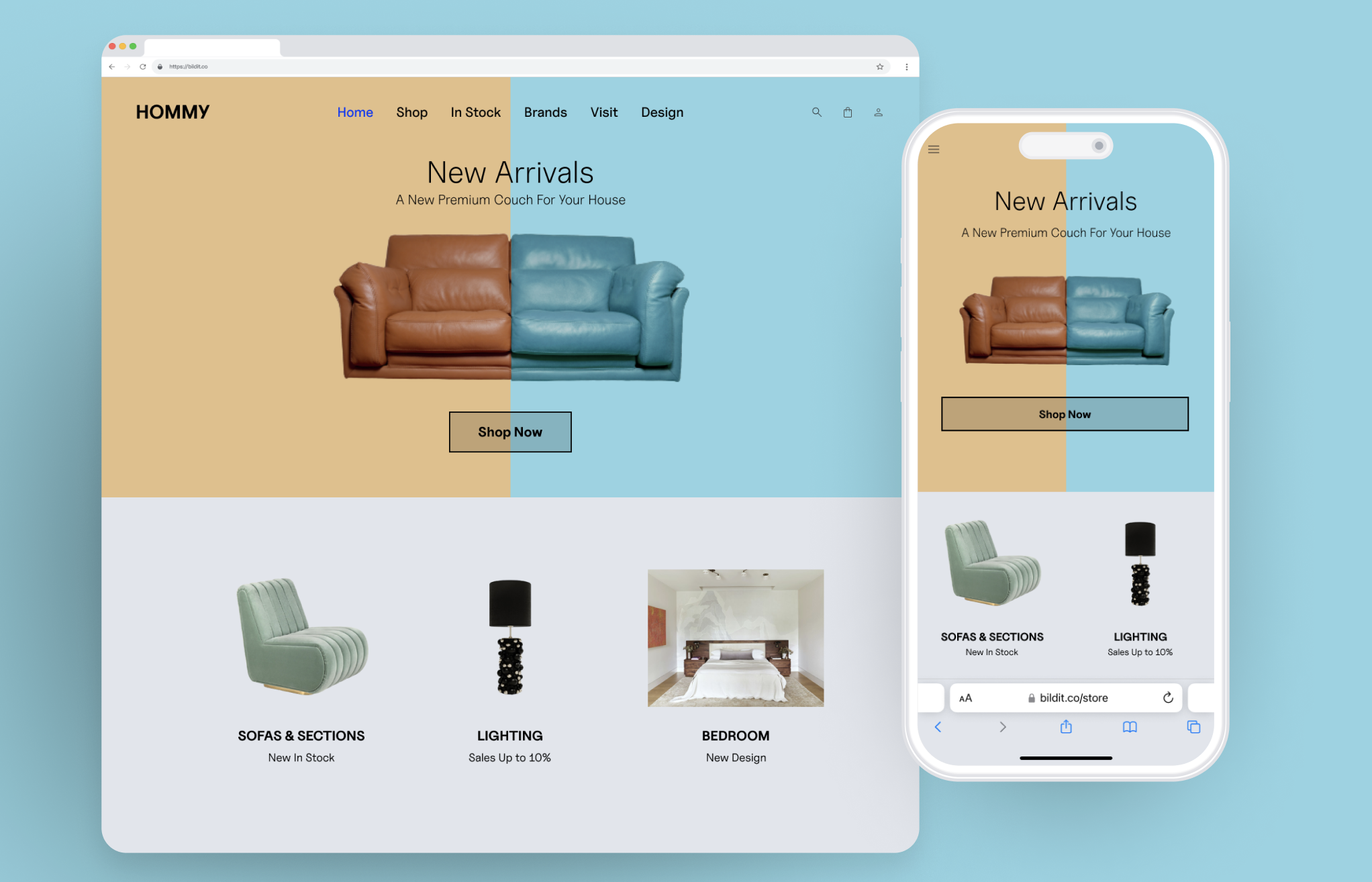 The image displays two views of a furniture retail website named 