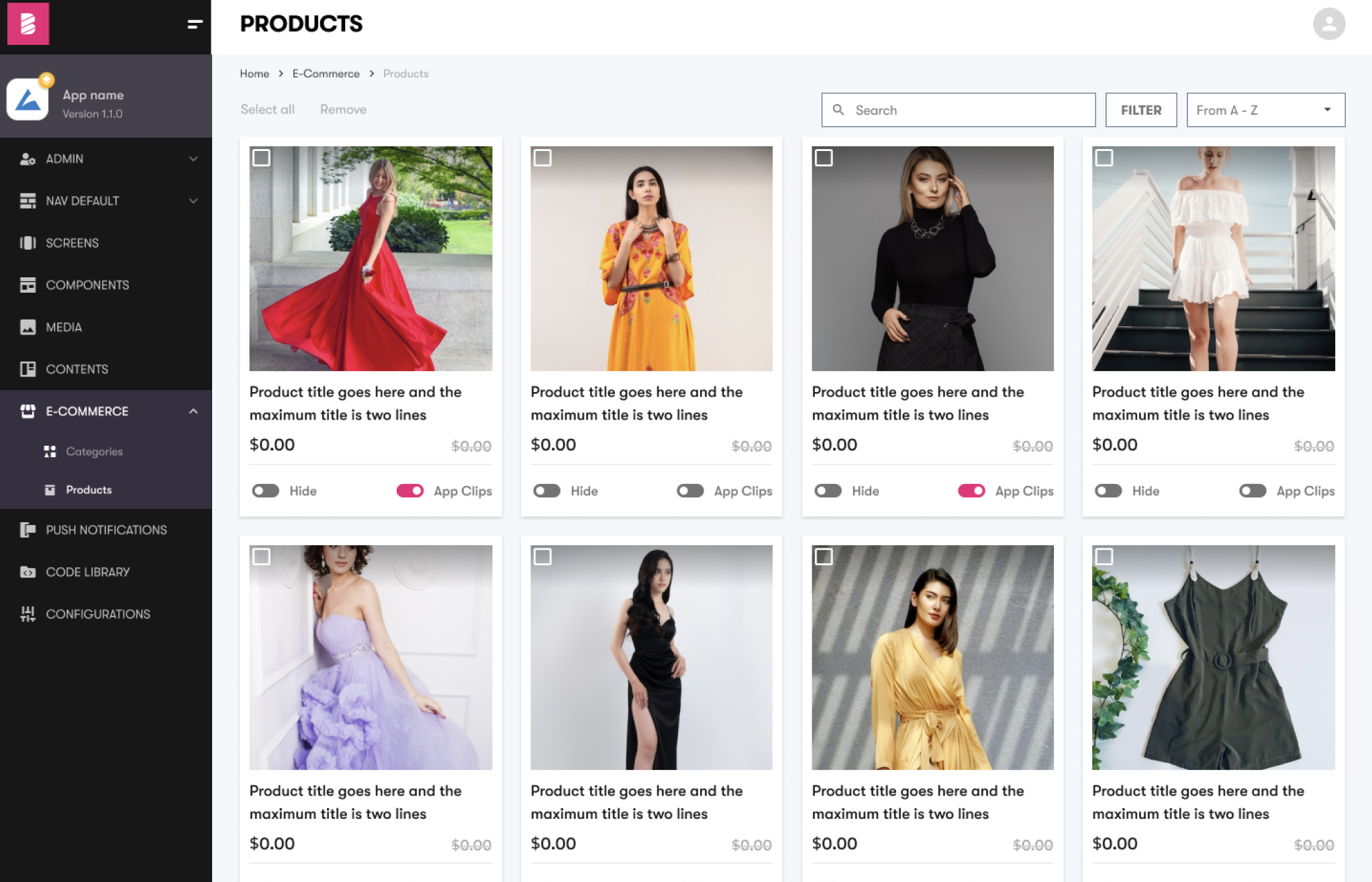 The image is a screenshot of a content management system (CMS) interface for an e-commerce application, showcasing a selection of women's fashion products.  The left side of the screen has a sidebar menu with various management options such as 'ADMIN', 'NAV DEFAULT', 'SCREENS', 'COMPONENTS', 'MEDIA', 'CONTENTS', 'E-COMMERCE', 'PUSH NOTIFICATIONS', 'CODE LIBRARY', and 'CONFIGURATIONS'. The 'E-COMMERCE' section is expanded to reveal 'Categories' and 'Products'.  The main area of the interface, labeled 