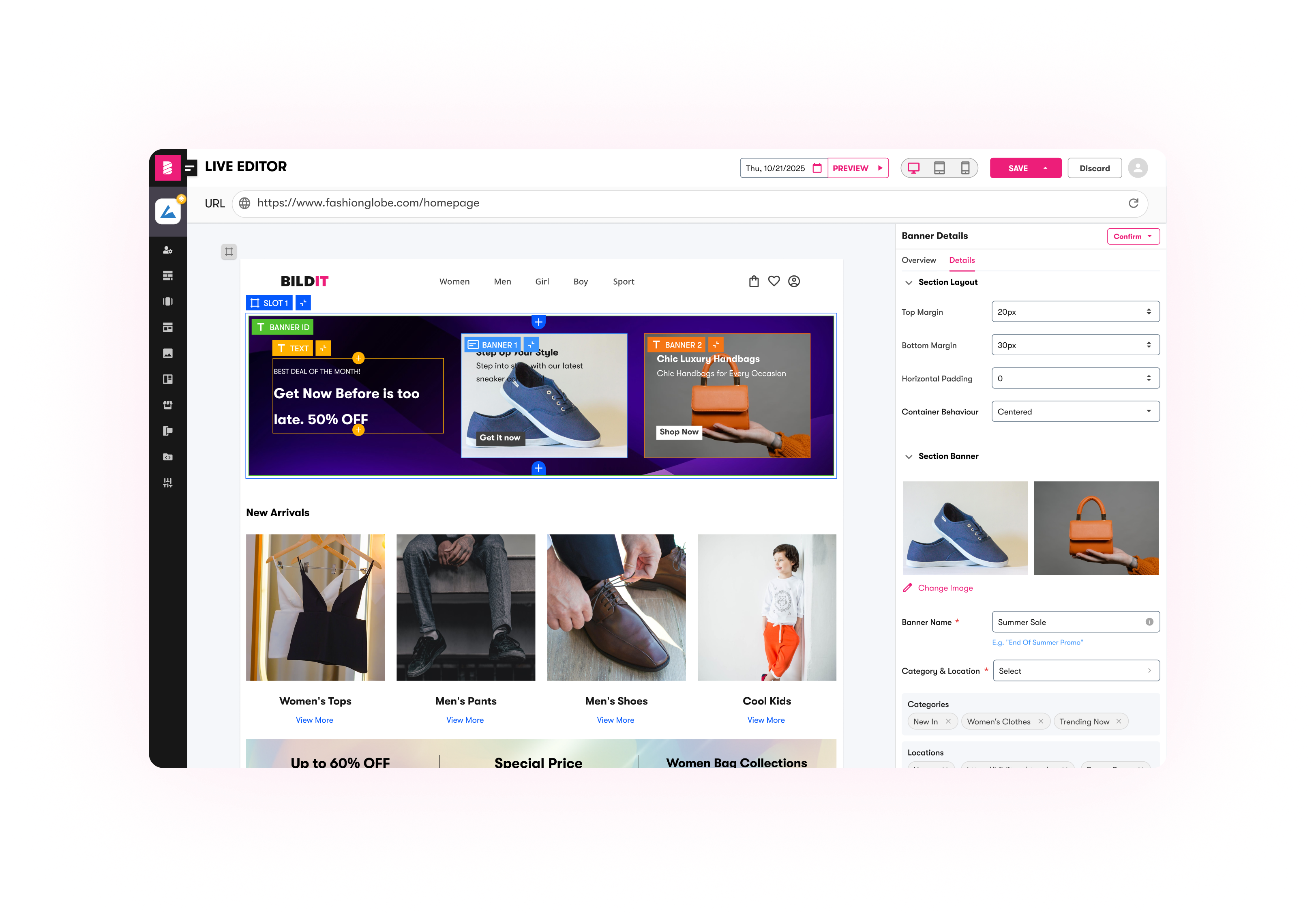 BILDIT Live Editor visually editing a Shopify Hydrogen storefront