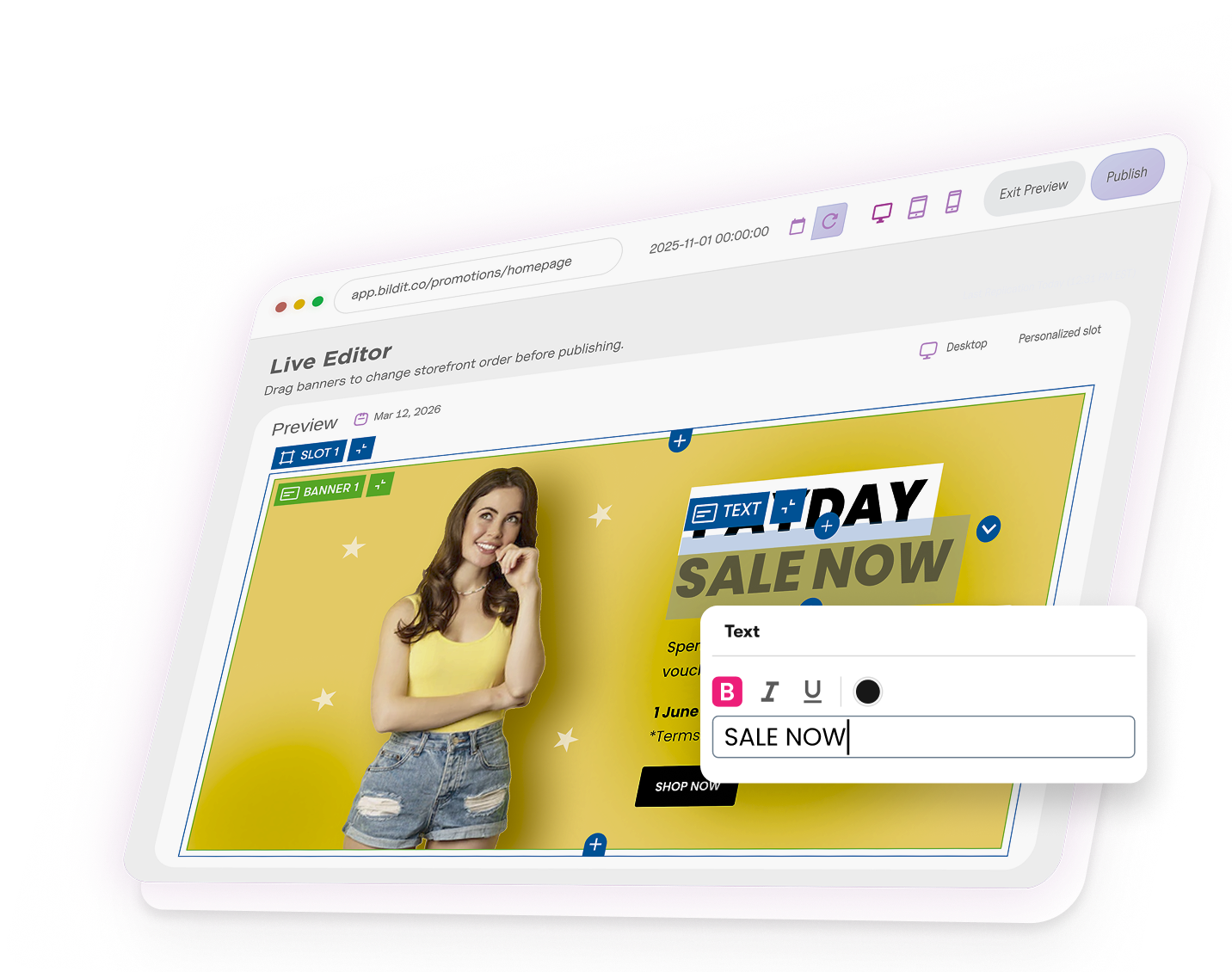 BILDIT Live Editor with a promotional banner, drag-and-drop slots, and an inline text formatting popover